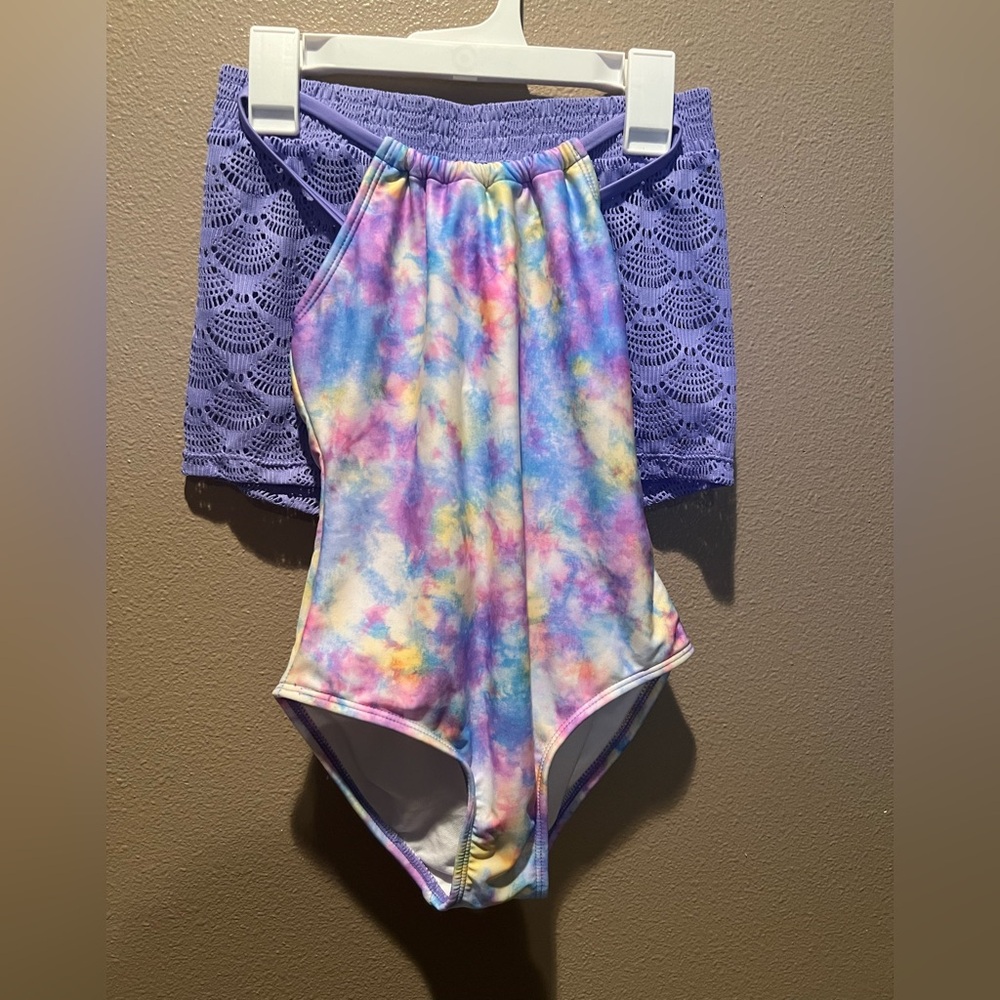 Cat & Jack Pastel Tie-Dye Swimsuit with Lavender Lace Cover-Up